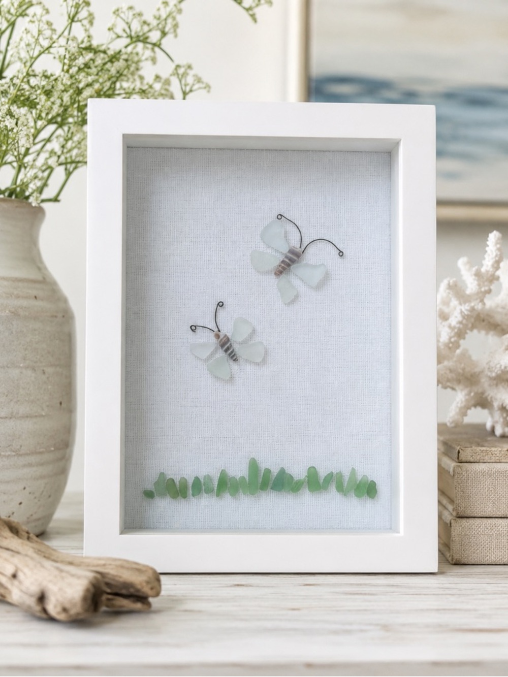 Handmade Sea Glass Butterfly Shadow Box Art | Coastal Beach Cottage Decor | OOAK